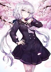  black_dress blue_eyes blush buttons cherry_blossoms double-breasted dress female hair_between_eyes hand_on_own_chest hand_on_own_hip hand_up highres konno_junko long_hair looking_at_viewer neckerchief outdoors school_uniform serafuku smile solo sunhyun twintails very_long_hair white_hair white_neckerchief zombie_land_saga 