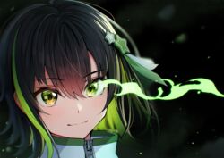  black_hair bob_cut colored_inner_hair commentary_request enogu eye_trail female flaming_eye glowing glowing_eyes green_eyes green_hair green_theme hair_ornament highres hinata_nao_(iwamotochou_geinousha) iwamotochou_geinousha kagawa_ichigo light_trail looking_at_viewer medium_hair multicolored_hair official_art portrait smile solo streaked_hair virtual_youtuber 