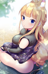  animal_ear_fluff animal_ears ass bad_id bad_pixiv_id blonde_hair blue_eyes bracelet breasts bridal_gauntlets cellphone china_dress chinese_clothes closed_mouth commentary_request day dress female floral_print fox_ears highres jewelry large_breasts lips long_hair looking_back miyano_ururu no_panties original outdoors pearl_bracelet phone pout purple_dress sitting smartphone solo very_long_hair 