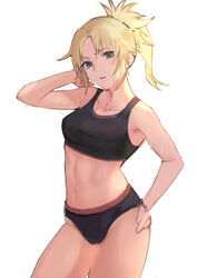  bare_shoulders blonde_hair braid collarbone fate/apocrypha fate_(series) female green_eyes hand_on_own_hip highres medium_hair midriff mordred_(fate) mordred_(fate/apocrypha) navel otsukemono ponytail simple_background solo sports_bra sweat white_background 