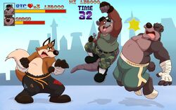  2023 absurd_res anthro bandage bandaged_arm bear bottomwear brok_the_investigator brown_body canid canine clothing cowcat_games cricetid fox group hat headgear headwear hi_res male mammal mezasalvador musclegut muscular muskrat overweight overweight_male pants rodent shirt shorts topwear tramp_(brok_the_investigator) 