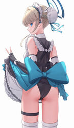  apron apron_hold ass blonde_hair blue_archive blue_bow blue_eyes blue_halo blue_ribbon blunt_bangs bow braid bun_cover closed_mouth female from_behind hair_bun hair_ribbon half_up_braid halo highres jfjf kneehighs long_hair looking_at_viewer looking_back maid maid_apron maid_headdress ribbon sleeveless_turtleneck_leotard socks solo standing toki_(blue_archive) v white_background white_socks 