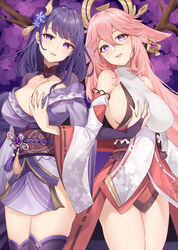  2girls blush breasts cleavage cowboy_shot fingerless_gloves genshin_impact gloves grabbing grabbing_another&#039;s_breast hair_between_eyes hair_ornament highres japanese_clothes kanon_(sinto) kimono long_hair long_sleeves looking_at_viewer mole mole_under_eye multiple_girls nail_polish pink_hair purple_eyes purple_hair raiden_shogun sideboob smile thighhighs tree wide_sleeves yae_miko 