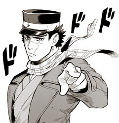  1boy commentary_request dodododo foxvulpine golden_kamuy greyscale hat imperial_japanese_army jojo_no_kimyou_na_bouken jojo_pose kepi long_sleeves male_focus military_hat monochrome pointing pointing_at_viewer pose scar scar_on_cheek scar_on_face scar_on_mouth scar_on_nose scarf short_hair simple_background solo sound_effects star_(symbol) sugimoto_saichi upper_body 