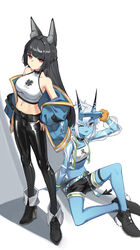  2girls ;d absurdres animal_ear_fluff animal_ears arm_up bare_legs bare_shoulders black_choker black_footwear black_hair black_pants black_shorts blue_jacket blue_skin boots braid breasts choker colored_skin commentary_request crop_top czk french_braid high_heel_boots high_heels highres horns hoshimi_miyabi jacket large_breasts leggings long_sleeves midriff multiple_girls navel off_shoulder one_eye_closed open_clothes open_jacket open_mouth pants see-through see-through_sleeves shirt shoes short_shorts shorts simple_background sleeveless sleeveless_shirt smile soukaku_(zenless_zone_zero) stomach tail white_background white_hair white_shirt zenless_zone_zero 