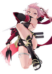  absurdres animal_ears armored_boots black_footwear black_gloves blue_eyes boots breasts commentary_request female fingerless_gloves gloves highres honkai_(series) honkai_impact_3rd jliaan kunai long_hair looking_at_viewer medium_breasts ninja pink_hair sheath sideboob simple_background solo tabi thigh_strap weapon white_background yae_kasumi yae_sakura 