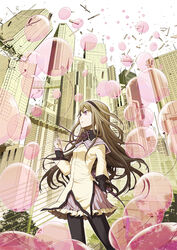  akemi_homura akemi_homura_(magical_girl) arm_at_side balloon black_hair black_hairband black_pantyhose breasts building capelet city commentary_request day debris destruction expressionless female fence floating_hair frilled_skirt frills from_below hair_between_eyes hairband hand_up high_collar holding holding_balloon leaf legs_apart long_hair long_sleeves looking_up mahou_shoujo_madoka_magica mahou_shoujo_madoka_magica_(anime) neck_ribbon outdoors pantyhose parted_lips perspective pleated_skirt profile purple_capelet purple_eyes purple_ribbon purple_skirt reo_(pilot) ribbon see-through skirt sky small_breasts solo stairs standing straight_hair too_many too_many_balloons tree upper_body 