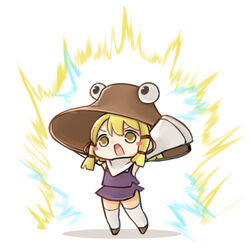  absurdres arms_up blonde_hair brown_footwear brown_hat chibi commentary dragon_ball female full_body hair_ribbon hat highres long_sleeves moriya_suwako open_mouth purple_skirt ribbon shiki_karin short_hair sidelocks simple_background skirt solo standing super_saiyan thighhighs touhou v-shaped_eyebrows white_background white_thighhighs wide_sleeves yellow_eyes 