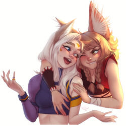  2girls :d absurdres animal_ears blue_eyes braid breasts brown_eyes crop_top facial_mark forehead_mark fox_ears freckles grabbing grabbing_from_behind hands_up heterochromia highres jewelry khiara_(personal_ami) losse_(personal_ami) medium_breasts multiple_girls one_eye_closed open_mouth original personal_ami pinky_ring ring signature simple_background slit_pupils smile thick_eyebrows white_background white_hair wristband 