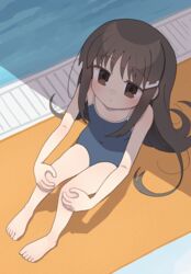  akichi_mashiro bare_arms bare_legs bare_shoulders barefoot blue_one-piece_swimsuit blush brown_eyes brown_hair closed_mouth collarbone commentary_request competition_school_swimsuit covered_navel drain_(object) dutch_angle feet female flat_chest frown full_body hair_ornament hairclip hands_on_own_knees highres hugging_own_legs kibisake knees_up long_hair looking_at_viewer looking_up one-piece_swimsuit original pool poolside school_swimsuit shade sidelocks sitting solo swimsuit towel very_long_hair water 