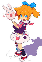  animal_hands asymmetrical_clothes asymmetrical_legwear bad_id bad_pixiv_id black_legwear blonde_hair blue_eyes bow female fushigi_mahou_fun_fun_pharmacy long_sleeves looking_at_viewer metata midriff mismatched_legwear no_pupils open_mouth paw_shoes popuri_(fushigi_mahou_fun_fun_pharmacy) ribbon shoes single_thighhigh skirt smile solo thighhighs twintails white_legwear 