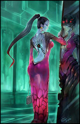  2016 absurdres alternate_costume ass back_tattoo backless_dress backless_outfit bag black_hair bodysuit breasts chinese_commentary cleavage colored_skin commentary different_reflection dress earrings female formal green_eyes hair_pulled_back handbag head-mounted_display highres hoop_earrings jewelry long_hair medium_breasts overwatch overwatch_1 photoshop_(medium) pink_bodysuit pointy_ears ponytail purple_skin reflection shizi_(10z) solo tattoo widowmaker_(overwatch) 