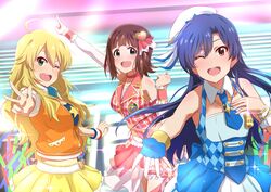  3girls amami_haruka antenna_hair bare_shoulders blonde_hair blue_hair blush brown_eyes brown_hair commentary_request dars_(recolors) green_eyes hair_ribbon hoshii_miki idolmaster idolmaster_(classic) idolmaster_platinum_stars kisaragi_chihaya long_hair multiple_girls one_eye_closed open_mouth ribbon short_hair smile twinkle_star_(idolmaster) v 