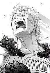  1boy absurdres blood blood_from_mouth bodysuit boku_no_hero_academia cape chromatic_aberration clenched_hand collarbone commentary_request fangs from_below gloves highres looking_afar male_focus messy_hair muyukikiyoshi11521 open_mouth scratches solo superhero_costume sweat teeth togata_mirio upper_body v-shaped_eyebrows 