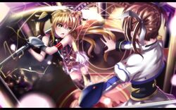  2girls arm_strap bad_id bad_pixiv_id bardiche_(nanoha) bardiche_(scythe_form)_(nanoha) bare_shoulders battle belt black_gloves blonde_hair brown_hair duel fate_testarossa fate_testarossa_(lightning_form)_(2nd) gloves hair_ribbon highres hk_(hk) juliet_sleeves letterboxed long_hair long_sleeves lyrical_nanoha magic_circle magical_girl mahou_shoujo_lyrical_nanoha mahou_shoujo_lyrical_nanoha_a&#039;s mahou_shoujo_lyrical_nanoha_the_movie_2nd_a&#039;s multiple_girls open_mouth photoshop_(medium) puffy_sleeves raising_heart ribbon shirt skirt sleeveless sleeveless_shirt takamachi_nanoha takamachi_nanoha_(exelion_mode) twintails very_long_hair yellow_eyes 