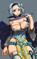  bad_id bad_pixiv_id bare_shoulders blade_&amp;_soul blue_hair bow breasts cleavage commentary_request female grey_thighhighs hairband hairbow hand_fan juliya large_breasts looking_at_viewer photoshop_(medium) raised_eyebrow smile solo soojie_roh thighhighs 