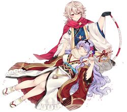  1boy arrow_(projectile) bad_id bad_twitter_id black_gloves bow_(weapon) breasts camilla_(fire_emblem) camilla_(new_year)_(fire_emblem) cleavage closed_mouth commentary commission corrin_(fire_emblem) corrin_(male)_(fire_emblem) corrin_(male)_(new_year)_(fire_emblem) female fire_emblem fire_emblem_fates fire_emblem_heroes flower gloves hair_flower hair_ornament hair_over_one_eye hamaya holding holding_bow_(weapon) holding_weapon japanese_clothes lap_pillow lilith_(fire_emblem) long_hair parted_lips plushcharm pointy_ears purple_eyes purple_hair red_eyes sandals short_hair side_slit simple_background sitting tabi tiara twitter_username weapon white_background white_hair 