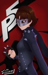  artist_name brown_eyes commentary_request english_text female highres looking_at_viewer mask not_a_hazard persona persona_5 scarf short_hair shoulder_spikes solo spikes 