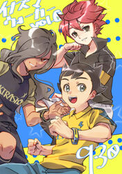  3boys brown_hair grey_eyes grey_hair hair_over_one_eye haizaki_ryouhei inamori_asuto inazuma_eleven_(series) inazuma_eleven_ares_no_tenbin long_hair multicolored_eyes multiple_boys nosaka_yuuma pink_hair soccer_uniform 