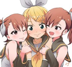  3girls ;d blonde_hair blue_eyes blush brown_hair commentary_request cosplay detached_sleeves futami_ami futami_mami girl_sandwich group_hug holding_another&#039;s_arm hug idolmaster idolmaster_(classic) kagamine_rin kagamine_rin_(cosplay) long_hair multiple_girls one_eye_closed open_mouth ribbon sandwiched shift_(waage) shimoda_asami short_hair siblings side_ponytail signature sisters smile twins vocaloid voice_actor_connection wavy_mouth yuri 