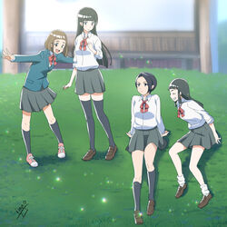  4girls :d ^_^ aged_down bench black_hair black_legwear blunt_bangs bob_cut bow bowtie brown_eyes brown_hair closed_eyes commentary_request fundoshi_inao grass grin kneehighs kobuchizawa_shirase kobuchizawa_takako loafers long_hair looking_at_another loose_socks mother_and_daughter multiple_girls open_mouth outdoors outstretched_arms pleated_skirt school_uniform shirt shoes short_hair signature skirt smile socks sora_yori_mo_tooi_basho sparkle spoilers spread_arms tamaki_mari thighhighs time_paradox toudou_gin white_shirt zettai_ryouiki 