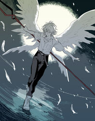  1boy angel_wings bad_id bad_pixiv_id bident closed_eyes feathered_wings feathers lance_of_longinus_(evangelion) male_focus moon nagisa_kaworu neon_genesis_evangelion photoshop_(medium) polearm ro-a smile solo weapon wings 