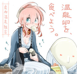  bath_yukata blue_eyes blush breasts cleavage collar commentary_request egg female food_in_mouth hanten_(clothes) japanese_clothes kerorin_(brand) kimono long_hair medium_breasts onsen original photoshop_(medium) pink_hair ponytail product_placement simple_background takagi_(tansuke) tansuke translated washbowl white_background yukata 