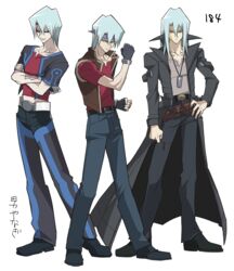  3boys backless_pants bad_id bad_pixiv_id belt black_sclera blue_hair coat colored_sclera commentary_request crossed_arms dark_persona facial_mark fingerless_gloves full_body gloves hair_between_eyes hand_on_own_hip harmonica height instrument kiryu_kyosuke long_hair looking_at_viewer male_focus multiple_boys multiple_persona navel pants shirt short_hair smirk standing t-shirt vest white_background yanazuri_(kimossari337) yellow_eyes yu-gi-oh! yu-gi-oh!_5d&#039;s 