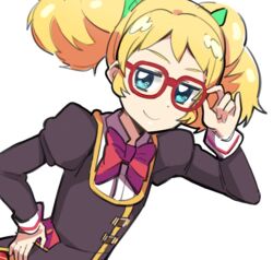  adjusting_eyewear aikatsu! aikatsu!_(series) blonde_hair blue_eyes blush bow bowtie commentary dream_academy_school_uniform female glasses hair_ribbon haiteku hand_on_own_hip long_sleeves red-framed_eyewear ribbon saegusa_kii school_uniform simple_background smile smug solo twintails white_background 