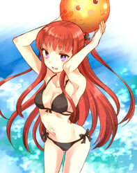  arca_(summon_night) armpits arms_up ball beachball bikini black_bikini bow breasts cleavage female front-tie_top irouha long_hair medium_breasts navel open_mouth purple_eyes red_hair side-tie_bikini_bottom solo summon_night summon_night_5 swimsuit water 