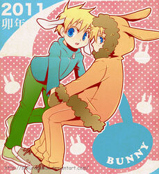  2011 2boys animal_ears animification blonde_hair blue_eyes butters_stotch coat commentary_request couple dated kenny_mccormick looking_at_viewer male_focus mittens multiple_boys open_mouth parka portmanteau rabbit_ears sakurapanda ship_name short_hair south_park translated watermark web_address yaoi 