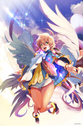  :d blue_cape blue_sky bracelet cape cloud commentary_request dice_of_soul female full_body green_eyes jewelry light_brown_hair looking_at_viewer nawol official_art open_mouth outdoors outstretched_hand photoshop_(medium) sky smile solo sunlight watermark white_wings wings 