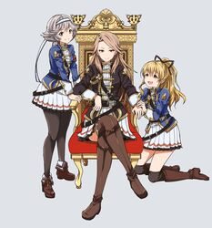  3girls :d belt black_pantyhose black_ribbon black_thighhighs blonde_hair boots brown_eyes brown_footwear brown_hair commentary_request crossed_legs earrings farrah_(granblue_fantasy) girl_sandwich granblue_fantasy grey_background grey_hair hair_between_eyes hair_ribbon headband high_heel_boots high_heels high_ponytail highres holding_hands jewelry katalina_(granblue_fantasy) kidachi knee_boots kneeling long_hair looking_at_viewer looking_up military military_uniform miniskirt multiple_girls open_mouth over-kneehighs pantyhose pleated_skirt ribbon sandwiched simple_background sitting skirt smile standing thigh_boots thighhighs uniform vira_(granblue_fantasy) white_skirt 