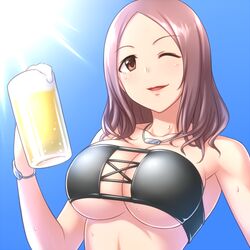  ;d alcohol armpits bandeau bare_shoulders beer beer_mug bikini black_bikini blue_sky blush bracelet breasts brown_eyes cleavage collarbone commentary_request cross-laced_clothes cup day drink drinking_glass female foam grey_hair hand_up holding holding_cup idolmaster idolmaster_cinderella_girls jewelry large_breasts light_rays lips long_hair mug necklace one_eye_closed open_mouth outdoors pataneet sawada_marina sky smile solo strapless strapless_bikini sun sunlight sweat swimsuit tareme underboob upper_body 