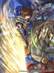  1boy angry armor attack blue_cape brown_eyes brown_hair cape castle cloud cloudy_sky commentary_request dragon dual_wielding falling fire_emblem fire_emblem:_genealogy_of_the_holy_war fire_emblem:_thracia_776 fire_emblem_cipher fortress gem holding holding_polearm holding_sword holding_weapon horse horseback_riding incoming_attack leif_(fire_emblem) light_brand lightning male_focus official_art open_mouth polearm riding serious short_hair shoulder_armor sky solo spear suzuki_rika sword teeth weapon white_armor white_horse wyvern 