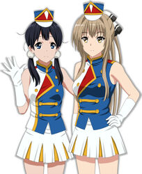  2girls amagi_brilliant_park band_uniform black_hair blue_eyes brown_eyes brown_hair commentary_request company_connection cosplay cp9a crossover elbow_gloves gloves hat hibike!_euphonium kitashirakawa_tamako kyoto_animation long_hair low_twintails majorette multiple_girls photoshop_(medium) ponytail sento_isuzu shako_cap tamako_market twintails waving 