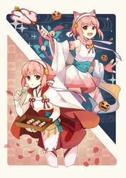  animal_ears bell bow capelet cat_ears cat_tail commentary_request dango female fingerless_gloves fire_emblem fire_emblem_fates fire_emblem_heroes food gloves hairband hand_fan japanese_clothes multiple_views nekoka_nekoka oerba_yun_fang official_alternate_costume open_mouth petals photoshop_(medium) pink_hair pumpkin red_eyes sakura_(fire_emblem) sakura_(halloween)_(fire_emblem) sanshoku_dango sparkle tail thighhighs wagashi 