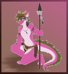  2017 anthro border bottomwear clothed clothing countershading diandre dragon eyewear feathers fur furred_dragon furred_scalie glasses gradient_background green_hair grey_body grey_feathers hair horn jewelry loincloth melee_weapon mythological_creature mythological_scalie mythology necklace pink_body pink_fur polearm red_eyes scalie simple_background sootsprite spear tail tongue weapon white_body white_countershading 