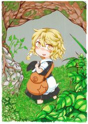  absurdres apron bag blonde_hair blush braid commentary_request female grass grey_background hair_between_eyes hair_ribbon hakumei_to_mikochi handbag hat highres holding holding_clothes holding_hat kirisame_marisa leaf looking_at_viewer looking_back mini_person minigirl outdoors parody ribbon rock short_hair single_braid solo style_parody thick_eyebrows touhou tree tress_ribbon unworn_hat unworn_headwear waist_apron witch_hat yellow_eyes yuta0504 