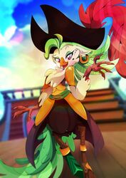  2018 anthro avian beak bird captain_celaeno_(mlp) clothed clothing day detailed_background digital_media_(artwork) ear_piercing ear_ring feathers female friendship_is_magic green_body green_feathers hasbro hat headgear headwear hi_res my_little_pony my_little_pony:_the_movie_(2017) outside parrot piercing rariedash ring_piercing sky smile solo standing 