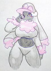  anthro anthrofied ass big_breasts blush breasts butt_from_the_front canid canine clothed clothing colliefleur elpatrixf female fur furfrou generation_6_pokemon half-closed_eyes hi_res looking_at_viewer mammal matron_trim_furfrou midriff narrowed_eyes navel nintendo pokemon pokemon_(species) pokemorph simple_background smile solo standing traditional_media_(artwork) white_background white_body white_fur 