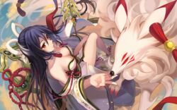  ara_haan bad_id bad_pixiv_id barefoot black_hair breasts cleavage closed_mouth elsword eun_(elsword) female fox from_above hair_between_eyes hair_ribbon hand_up heterochromia holding holding_polearm holding_weapon japanese_clothes kimono kitsune kyuubi large_breasts long_hair long_sleeves multicolored_hair multiple_tails off_shoulder orange_eyes pelvic_curtain pinb polearm red_eyes red_ribbon ribbon rope shakti_(elsword) shimenawa side_slit smile spear tail two-tone_hair very_long_hair weapon white_hair white_kimono white_ribbon wide_sleeves 