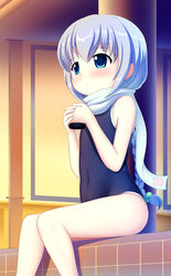  absurdres blue_eyes blue_hair blush braid commentary_request covered_navel female gochuumon_wa_usagi_desu_ka? hair_bobbles hair_ornament hand_up highres indoors kafuu_chino long_hair photoshop_(medium) qkracho_(thesdroz) scarf sitting solo swimsuit white_scarf 