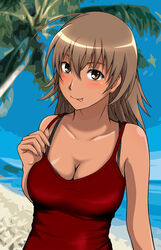  :p beach blush breasts brown_eyes brown_hair cleavage day female highres large_breasts looking_at_viewer misaka_misuzu outdoors palm_tree photoshop_(medium) senga81 smile solo tan tank_top toaru_kagaku_no_railgun toaru_majutsu_no_index tongue tongue_out tree 