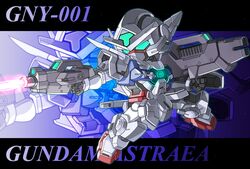  beam_cannon beam_rifle character_name commentary_request dual_wielding energy_gun glowing glowing_eyes green_eyes gundam gundam_00p gundam_astraea holding mecha memento_vivi no_humans robot shield weapon zoom_layer 