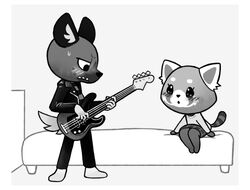  2018 aggretsuko avoid_posting bass_(disambiguation) better_version_at_source blush conditional_dnp date gaturo greyscale guitar haida_(aggretsuko) inside mammal monochrome musical_instrument playing plucked_string_instrument retsuko sanrio string_instrument 