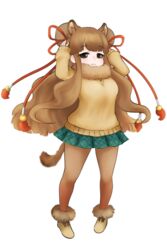  animal_ear_fluff animal_ears bactrian_camel_(kemono_friends) brown_hair camel_ears camel_girl camel_tail commentary_request double_bun female fur_trim hair_bun ise_(0425) kemono_friends long_hair pleated_skirt skirt solo tail thighhighs white_background 