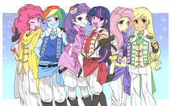  6+girls :o ;d applejack_(equestria_girls) arm_around_waist arm_at_side ascot bad_id bad_pixiv_id belt black_footwear black_gloves blonde_hair blue_eyes blue_skin blunt_bangs blush boots brooch buckle closed_mouth clothes_around_waist collared_shirt colored_skin commentary_request cosplay crop_top crossdressing crown curly_hair epaulettes eyebrows f6_(osomatsu-san) fluttershy_(equestria_girls) fringe_trim gloves gradient_background green_eyes green_scarf grin half_gloves hand_on_another&#039;s_shoulder holding_hands jacket jacket_around_waist jewelry kneehighs lineup long_hair looking_at_viewer low-tied_long_hair matsuno_choromatsu matsuno_choromatsu_(cosplay) matsuno_ichimatsu matsuno_ichimatsu_(cosplay) matsuno_jyushimatsu matsuno_jyushimatsu_(cosplay) matsuno_karamatsu matsuno_karamatsu_(cosplay) matsuno_osomatsu matsuno_osomatsu_(cosplay) matsuno_todomatsu matsuno_todomatsu_(cosplay) midriff multicolored_hair multiple_girls my_little_pony my_little_pony:_equestria_girls my_little_pony:_friendship_is_magic navel necklace one_eye_closed open_mouth osomatsu-san osomatsu_(series) outstretched_arm pale_skin pants pasikon personification pink_hair pink_legwear pink_shirt pink_skin pinkie_pie_(equestria_girls) purple_eyes purple_hair purple_skin rainbow_dash_(equestria_girls) rainbow_hair rarity_(my_little_pony) reaching red_eyes red_scarf scarf shirt shorts sleeveless smile socks sparkle standing stomach streaked_hair swept_bangs thumbs_up twilight_sparkle_(human) uniform vest white_pants white_shorts yellow_scarf yellow_skin 