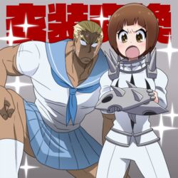  1boy blank_eyes blonde_hair brown_eyes brown_hair commentary_request cosplay costume_switch crossdressing crossed_arms female gamagoori_ira gamagoori_ira_(cosplay) he_pu_pu kill_la_kill mankanshoku_mako mankanshoku_mako_(cosplay) muscular open_mouth pleated_skirt school_uniform serafuku short_hair skirt spikes sweat uniform 