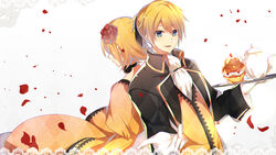  1boy aku_no_meshitsukai_(vocaloid) allen_avadonia anniversary argyle_background ascot back back-to-back black_jacket black_ribbon blazer blonde_hair blue_eyes brioche brother_and_sister cake choker commentary_request dress evillious_nendaiki female flower food gloves gold_trim hair_ribbon highres holding holding_tray jacket kagamine_len kagamine_rin lace lace-trimmed_dress lace_trim looking_at_viewer open_mouth outstretched_hand pastry petals reaching reaching_towards_viewer ribbon riliane_lucifen_d&#039;autriche rose short_hair siblings smile teapot tray twins vocaloid white_gloves yellow_dress yellow_jacket yuken_52 